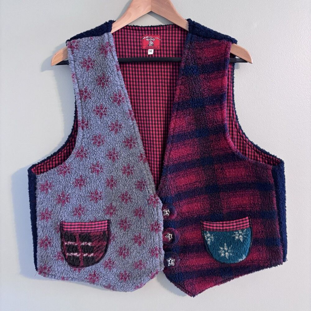 Vintage BOO Made in Minnesota Buffalo Plaid Fleece Vest Patchwork Cabincore Cozy